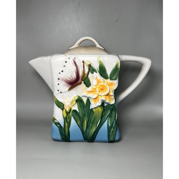 Vintage Ceramic Teapot Floral Butterfly Embossed Food Safe White Blue 6x7 Inches - Picture 1 of 8